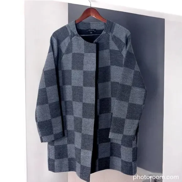 EILEEN FISHER Women’s Coat Gray Check Jacquard Open Front Wool Blend Pockets M - Picture 12 of 12